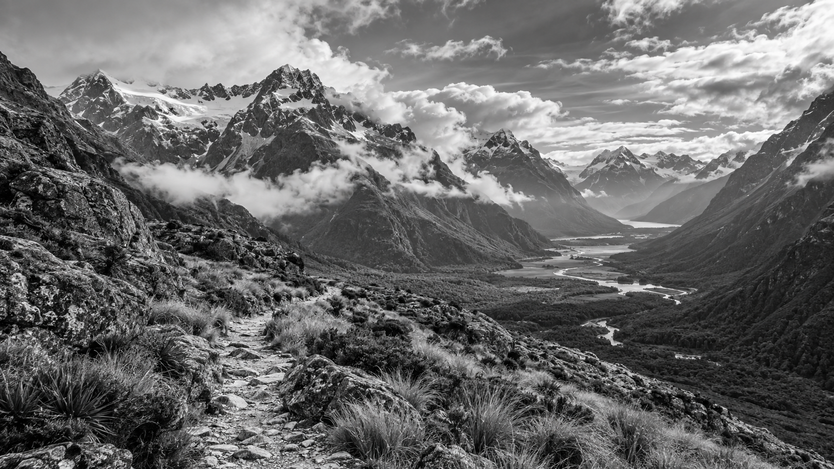 Black and white alpine Routeburn Track scenery
