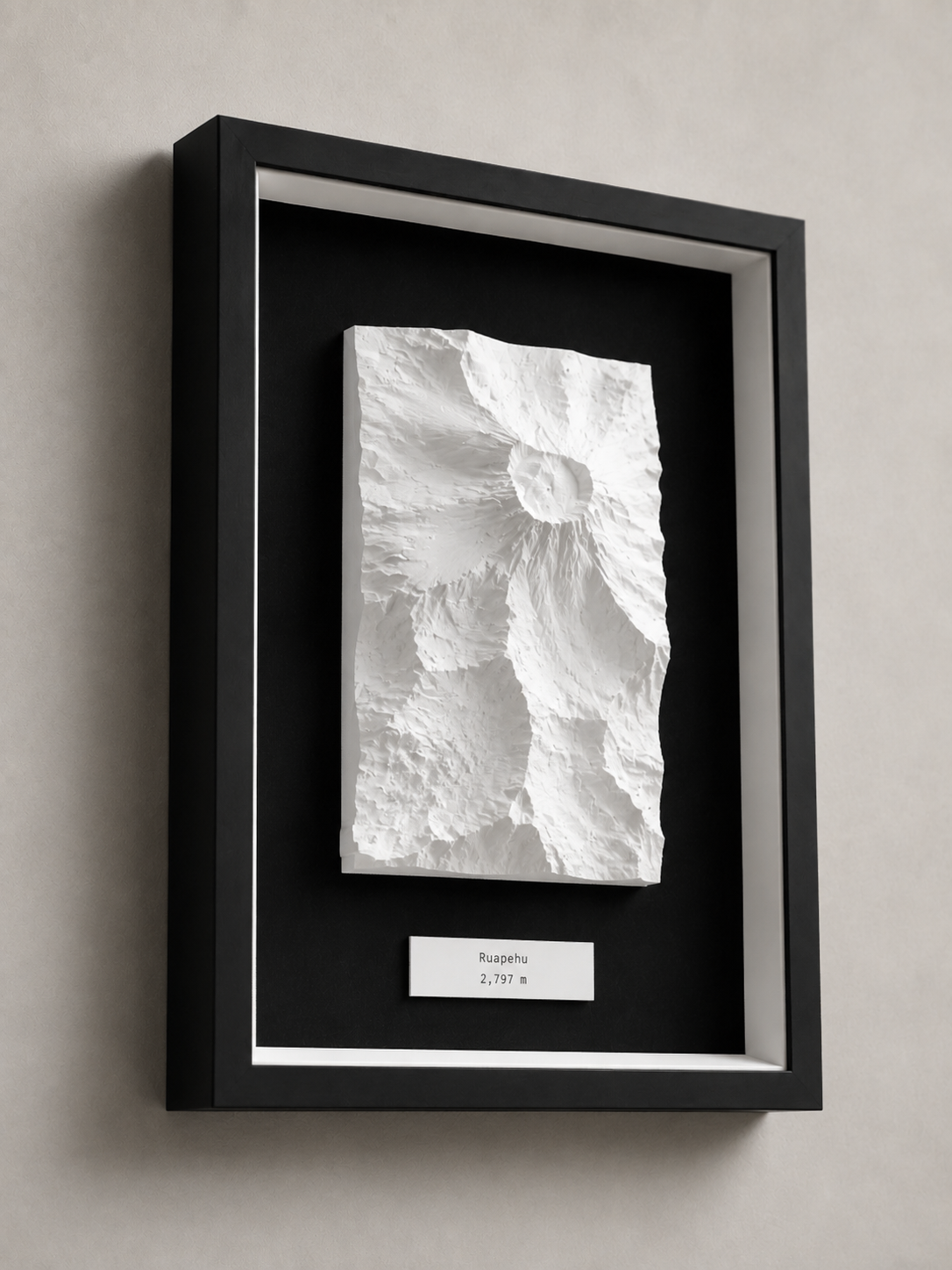 A framed white topographic relief of Ruapehu